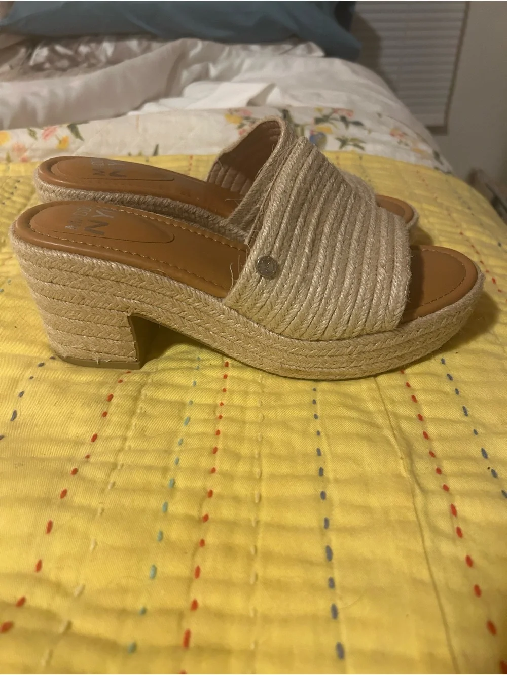 Tan Espadrille Slide Heels